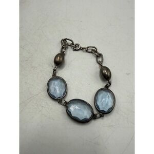 Vintage Silver Tone Oval Light Blue Faceted Glass Stone Link Bracelet 8.5"